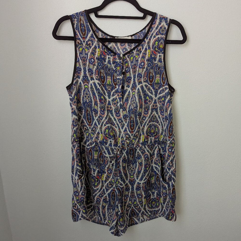Lush Blue Paisley Romper with Drawstring Waist, Small